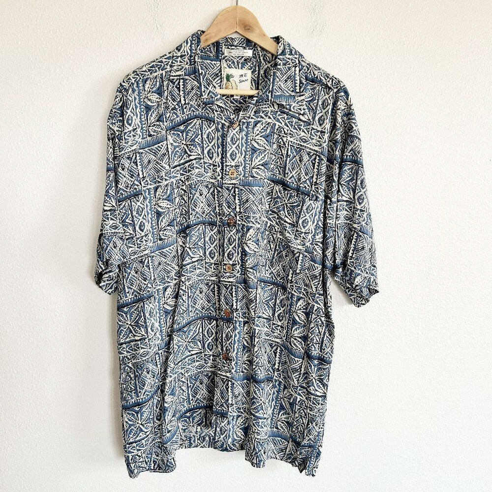 Vintage M.E. Sport Shirt Mens XL Blue Geo Print Short Sleeve Button Up Hawaiian